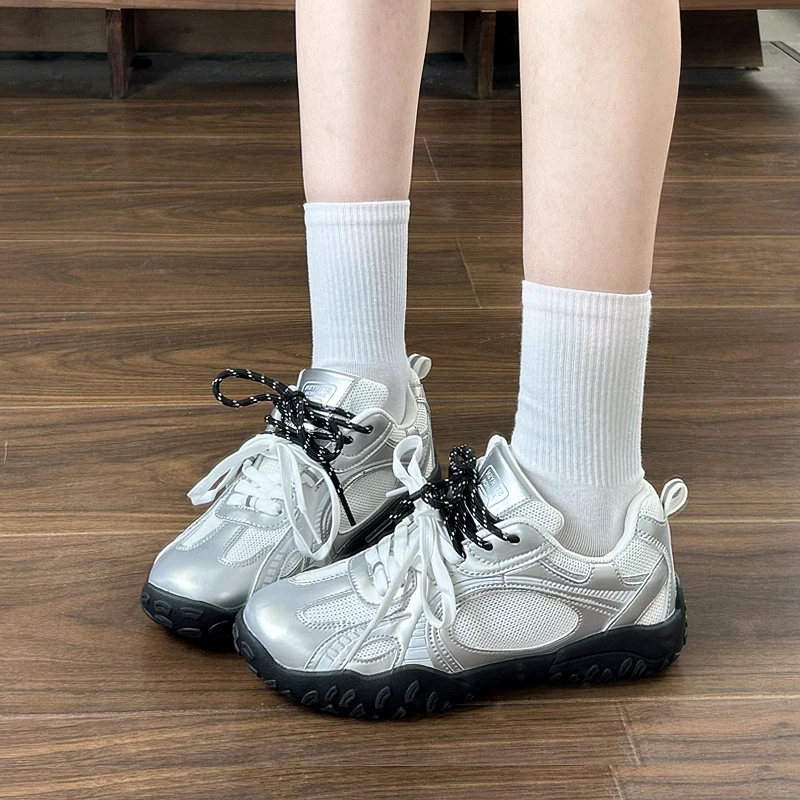 易少年 银色网面透气休闲鞋女款2025夏季新款防滑德训鞋运动鞋潮