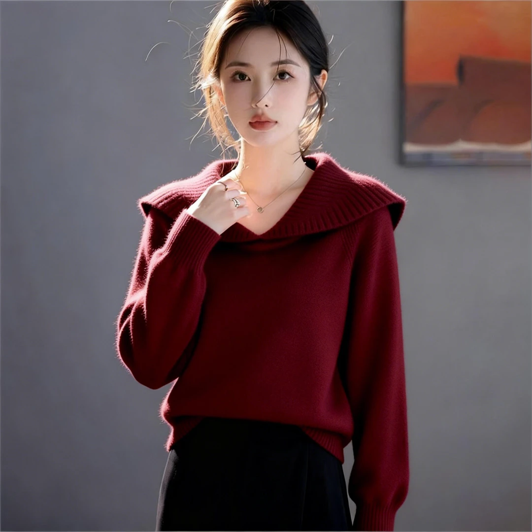 2025秋冬季新款女装翻领红色毛衣高级感慵懒风减龄套头针织衫爆款