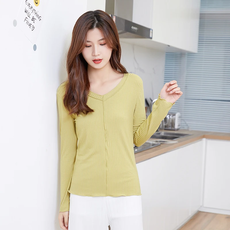 C21014春装女打底衫内搭长袖打底衫T恤女装木耳边V领长袖上衣