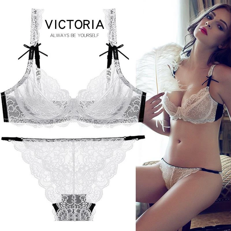 维多利亚维多利亚性感蕾丝女士内衣超薄透气无海绵文胸套装舒适聚