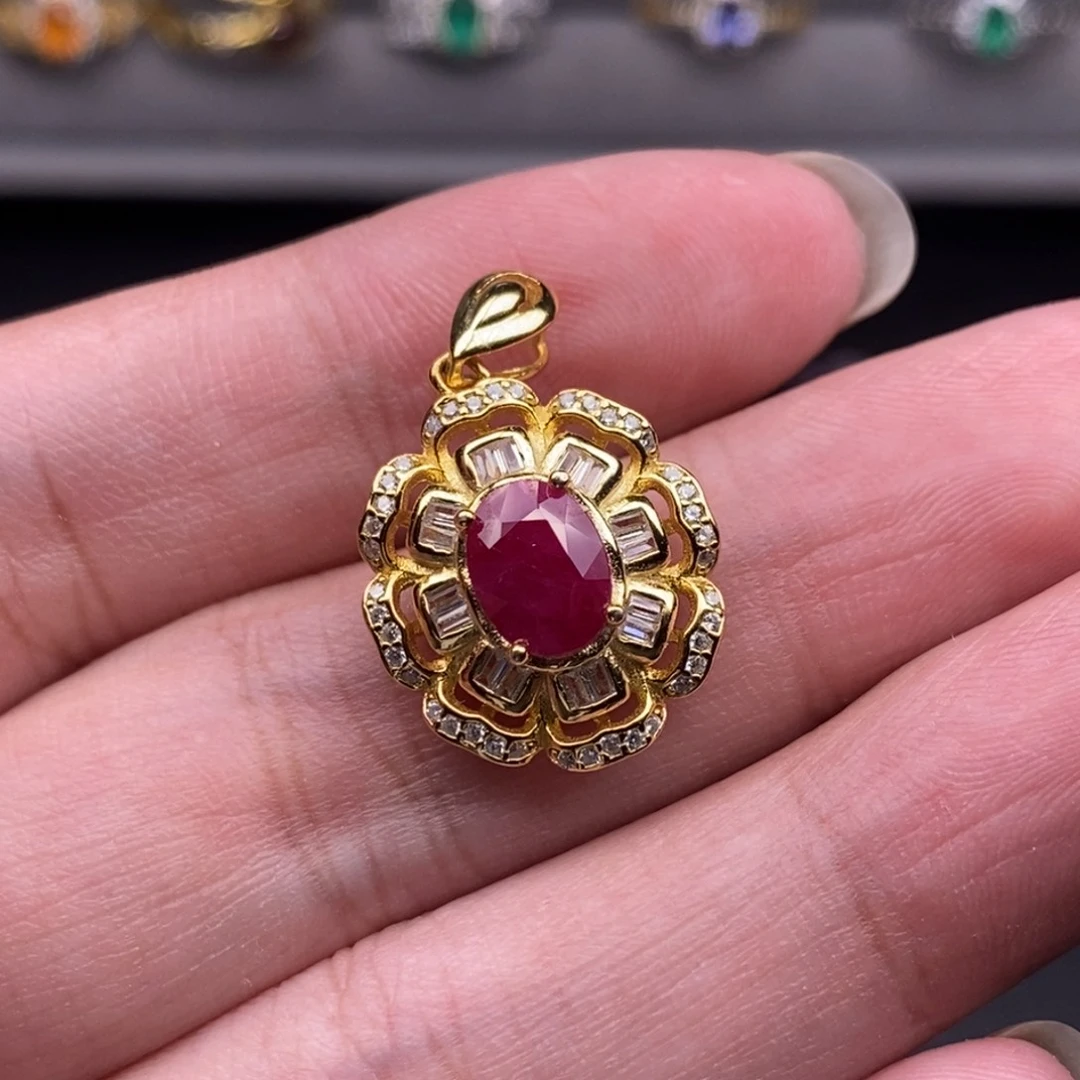 红宝石吊坠(不含链)银S925镶嵌主石6×8尺寸豪华版