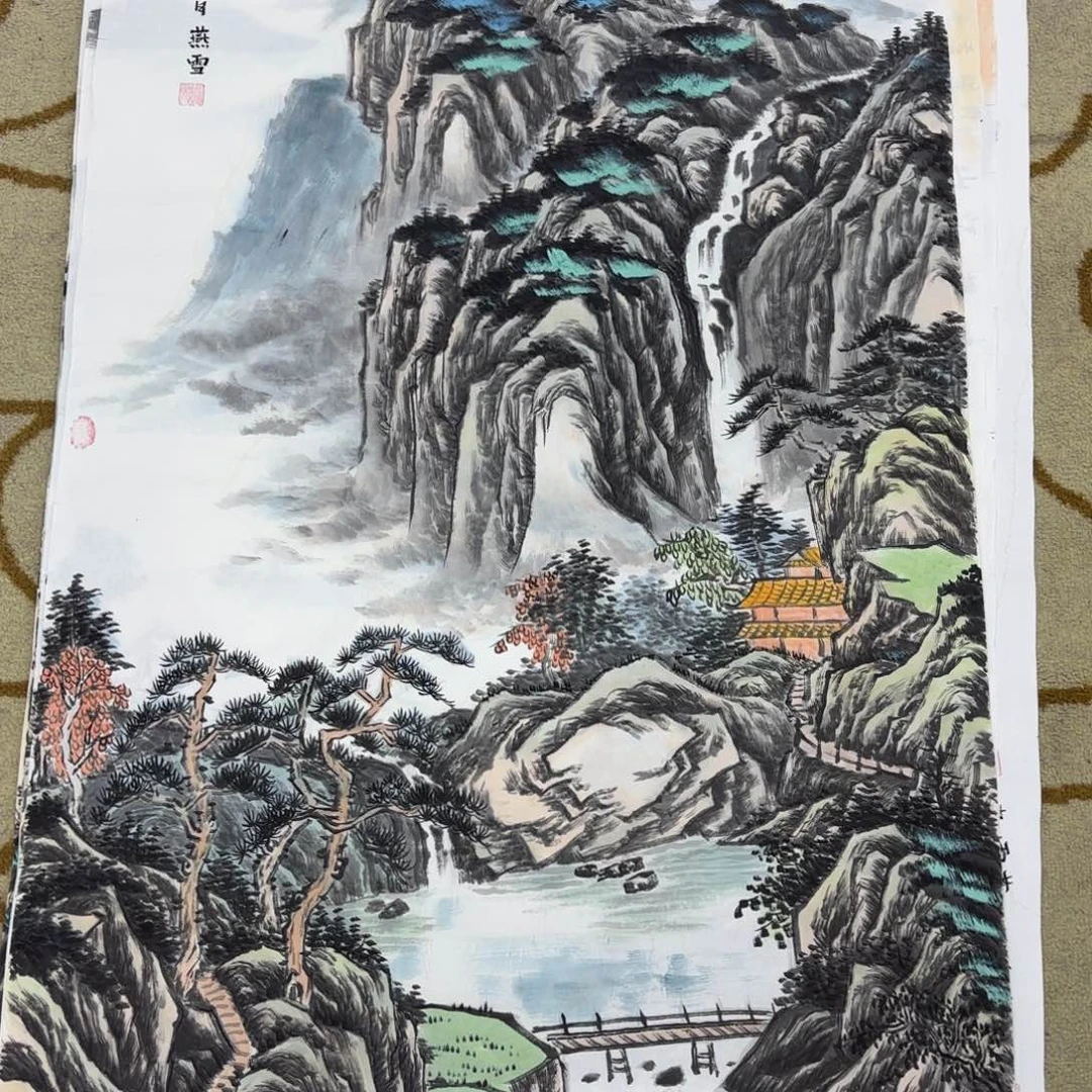 国画四尺梁艳雪山水手绘