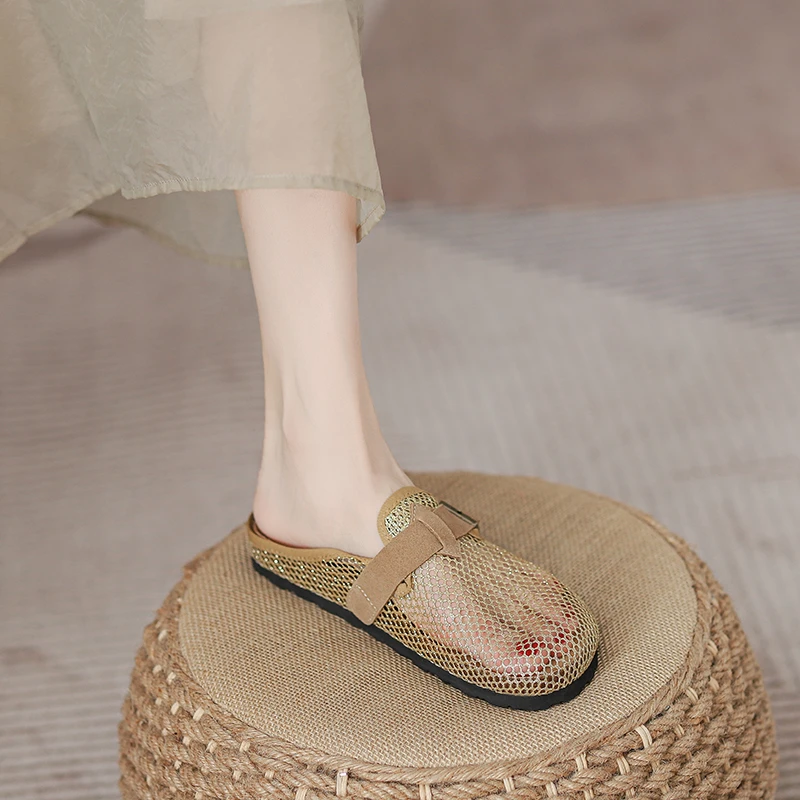 真皮透气包头半拖鞋女夏季新款网面镂空设计舒适软底凉拖鞋博肯鞋