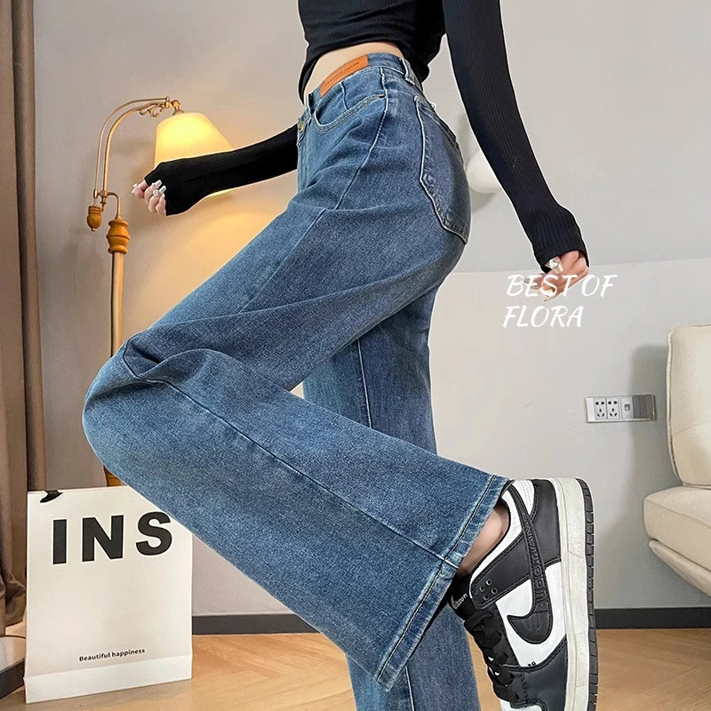 窄版阔腿牛仔长裤女直播爆款春秋新款高腰显瘦宽松直筒裤子22301
