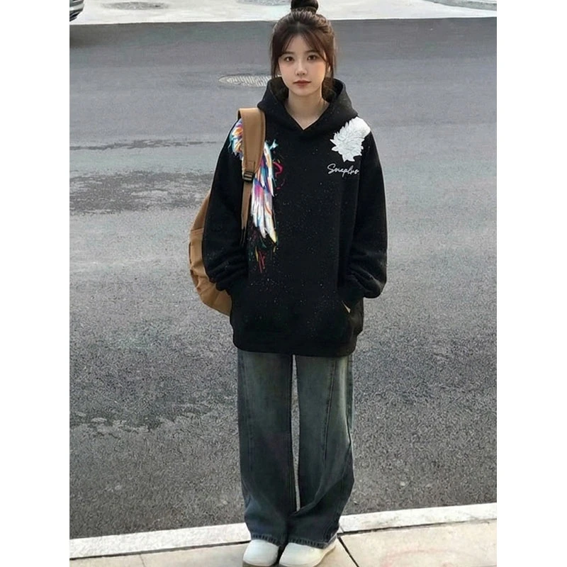 个性秋冬大码胖mm连帽卫衣女翅膀印花满天星立体浮雕绣花鸳鸯国潮