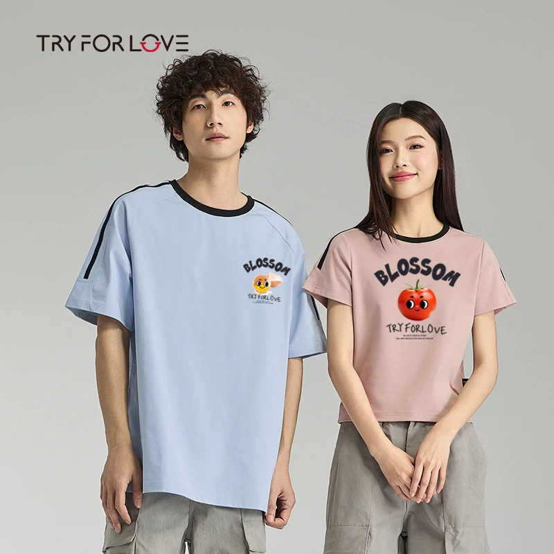 Tryforlove情侣装夏季拼色短袖T恤男女2025新款休闲百搭一长一短