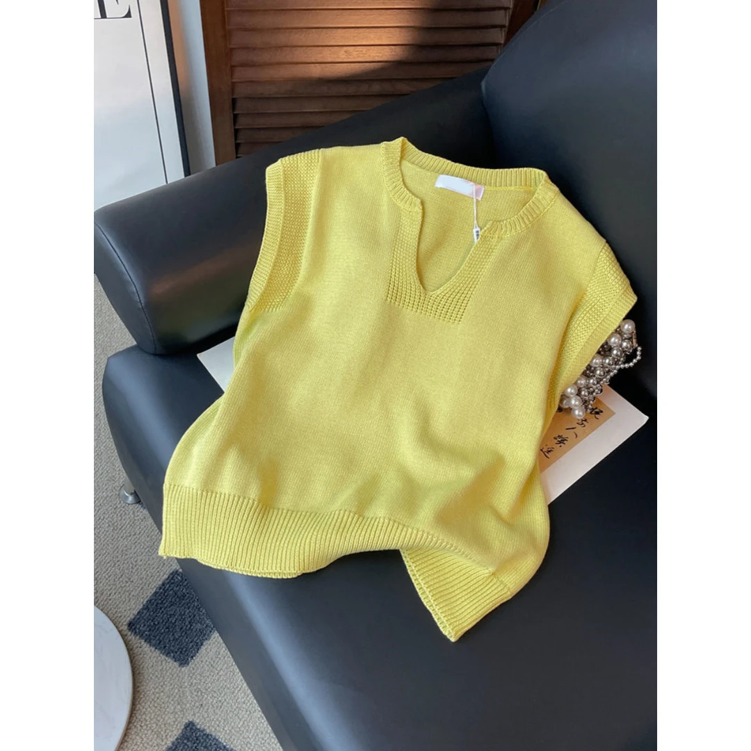 设计感小众黄色冰丝针织无袖背心女2025夏季新款气质坎肩马甲上衣
