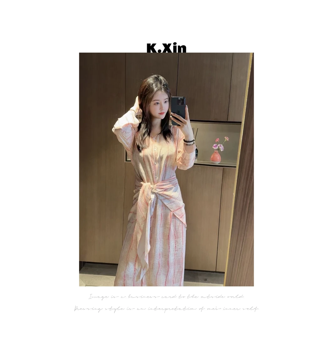 6A级100%桑蚕丝连衣裙 绑带小细腰苗条显瘦 小众度假感I6040