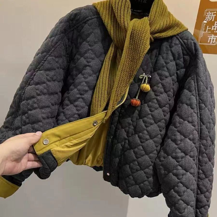 感圆领压格棉服外套女2025冬新款减龄宽松洋气棉衣