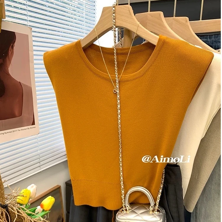 冰丝无袖针织衫女夏季高级感薄款飞飞袖T恤气质系带收腰短款上衣