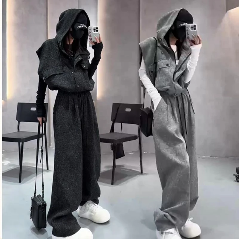 欧货时尚休闲运动套装女春秋新款无袖连帽马甲直筒阔腿裤两件套潮