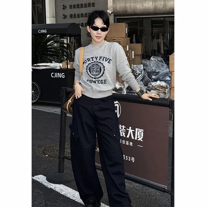 CJING2025秋季新款96449时尚图案圆领羊毛衫打底长袖衫女装卫衣