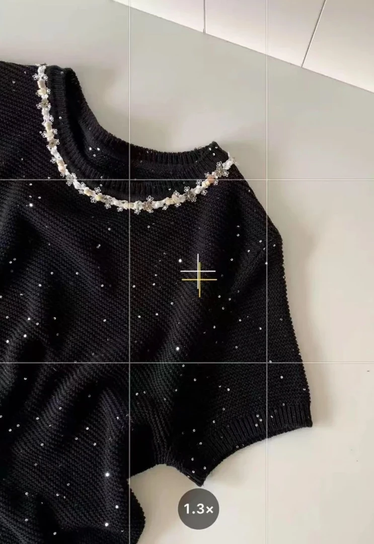 【烫钻黑色亮片短袖】小香风~时尚春夏新款针织短袖T恤女