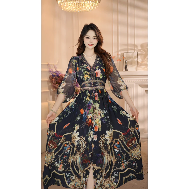 【蓝月花影】25年显白清透名媛风优雅气质收腰高端连衣裙