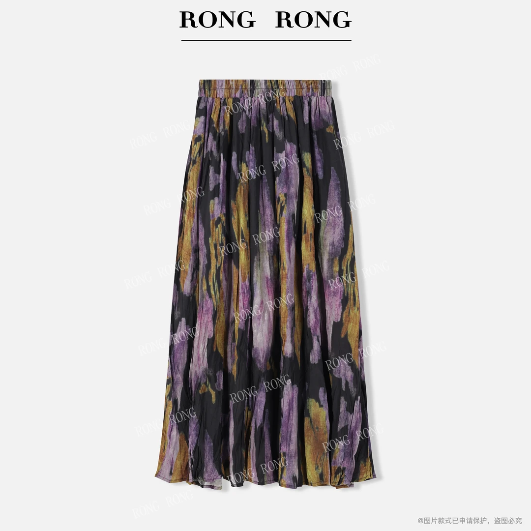 溶溶【莫奈紫鸢】RONGRONG 亚麻混纺不规则乱褶印花半裙F26QQ613