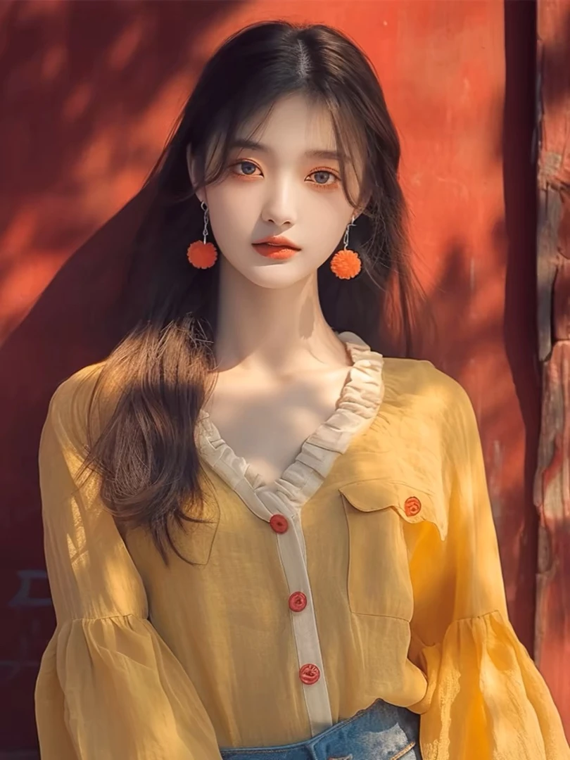 v领长袖衬衫女士设计感小众春季独特别致穿搭宽松上衣7745