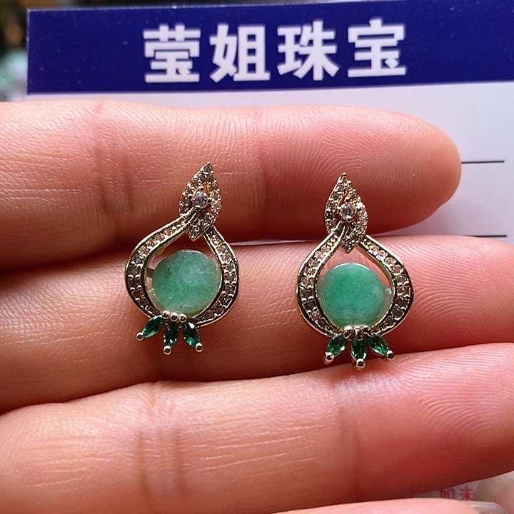 翡翠耳饰合金阳绿无事牌耳钉