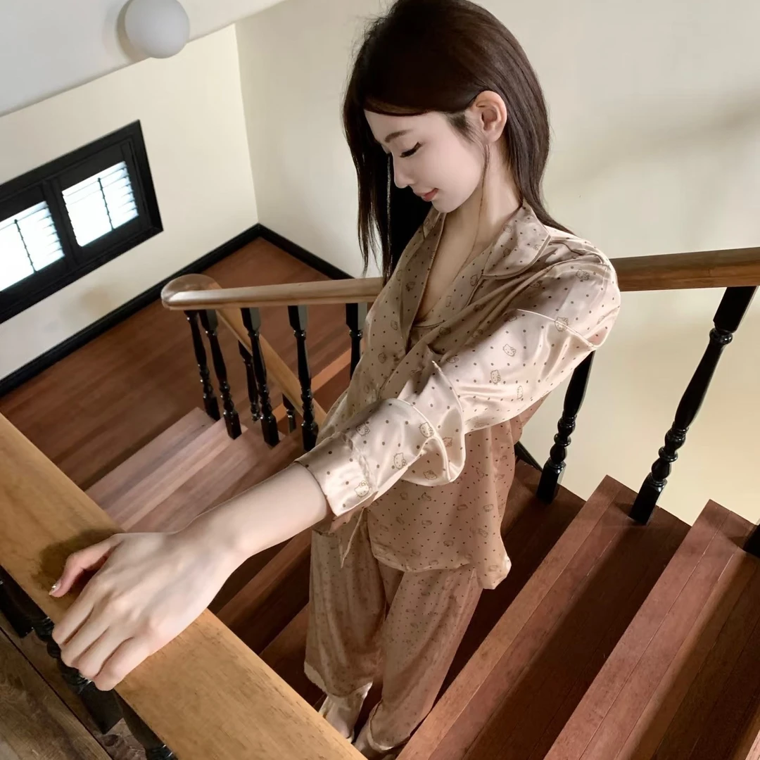 鎏金富婆KT卡通波点睡衣女仿真丝春秋长袖长裤简约高级家居服套装