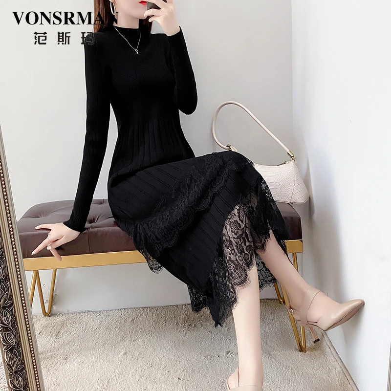 蕾丝拼接连衣裙2025秋季新款时尚配大衣气质过膝内搭修身显瘦长裙