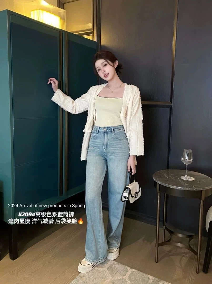 2025春夏新款欧货高腰刺绣粉色笑脸休闲直筒阔腿裤显瘦牛仔裤女