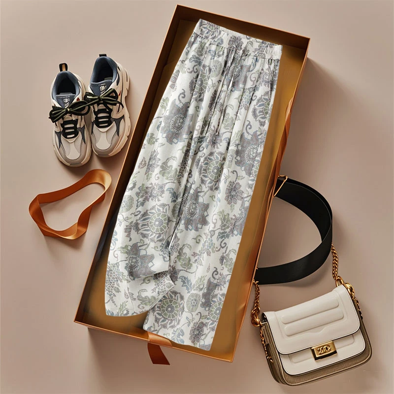 高级感提花棉麻阔腿裤女欧货夏季新款老钱风宽松复古印花休闲长裤