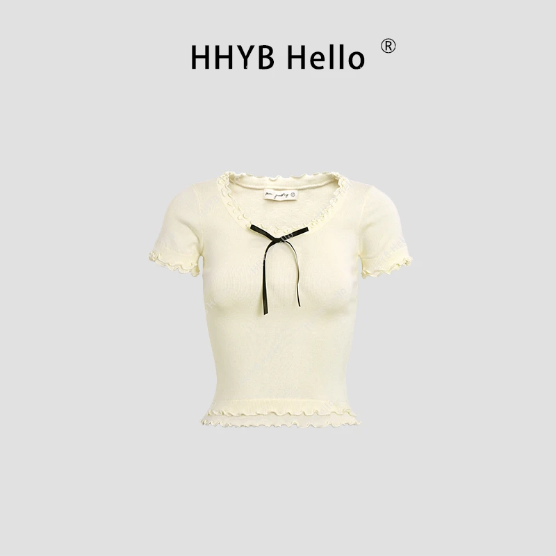 HHYB Hello【Q】U领短袖蝴蝶结针织衫修身显瘦上衣M477