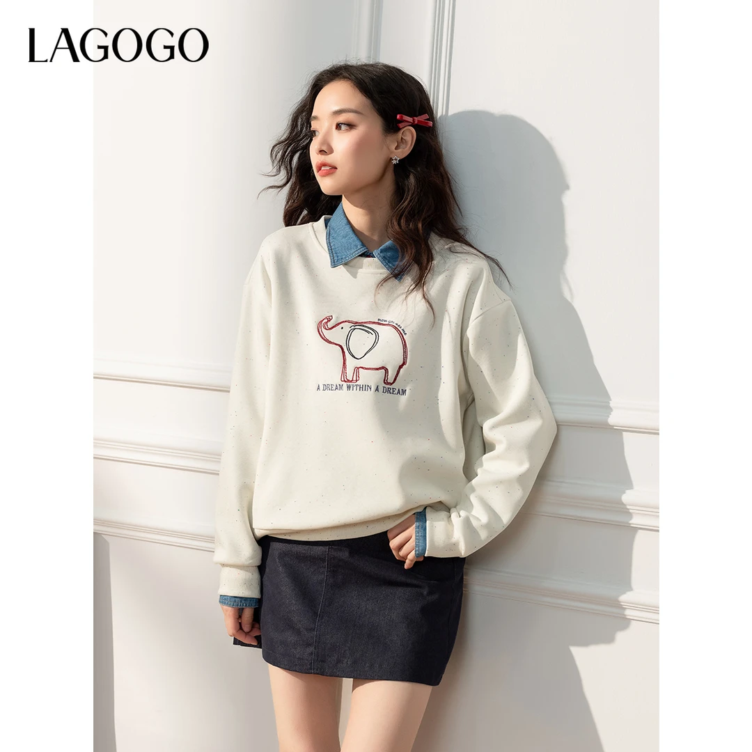 【高高专属】lagogo2025新款可爱小象清爽落肩百搭卫衣女OAEE411G13