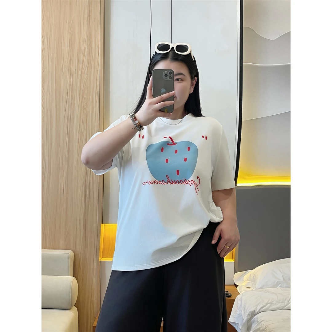 晚风拾光/韩版俏皮感卡通印花短袖T恤15408花契大码200斤胖mm百搭