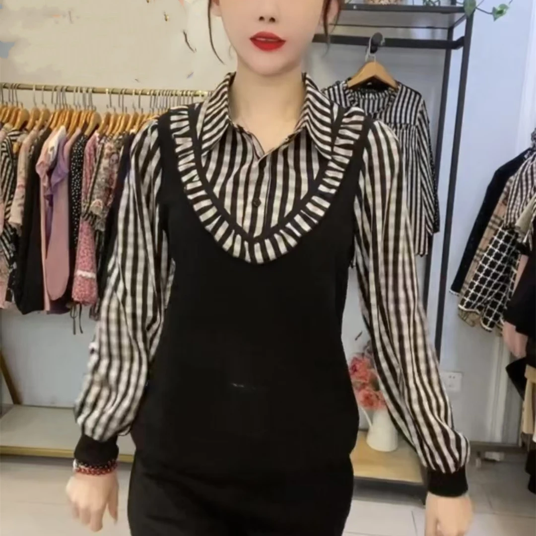 201@时尚春秋衬衫打底新款拼接假两件小衫宽松洋气长袖上衣显瘦