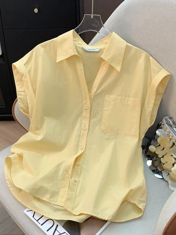 1218气质纯棉翻领衬衫女夏季文艺减龄飞飞袖小衫休闲简约纯色衬衣