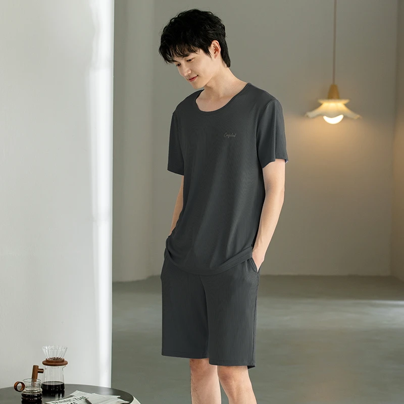 夏季新款冰丝男士睡衣短袖短裤薄款休闲大码螺纹冰丝家居服套装