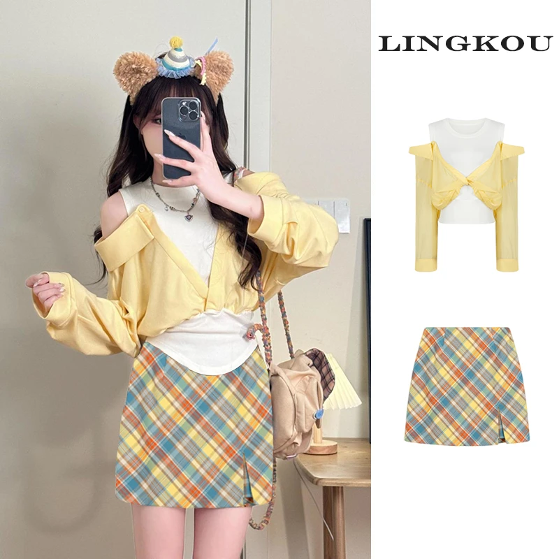 夏季穿搭一整套女2025新款假两件露肩衬衫上衣气质格纹短裙两件套