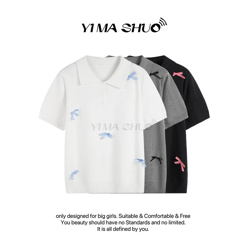 【伊妈说大码女装】新款大码女韩系甜美风立体蝴蝶结冰丝短袖上衣