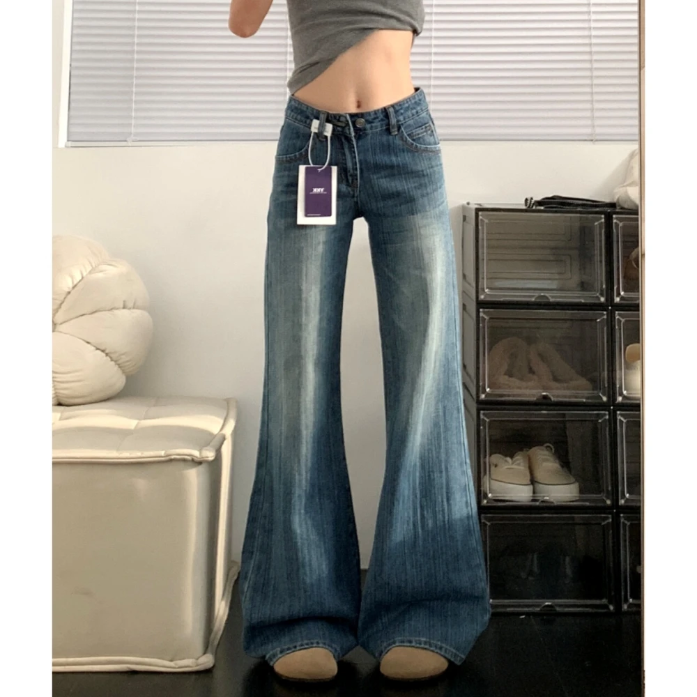 复古深蓝竹节纹微喇牛仔裤女2025秋季新款低腰显瘦宽松喇叭休闲裤