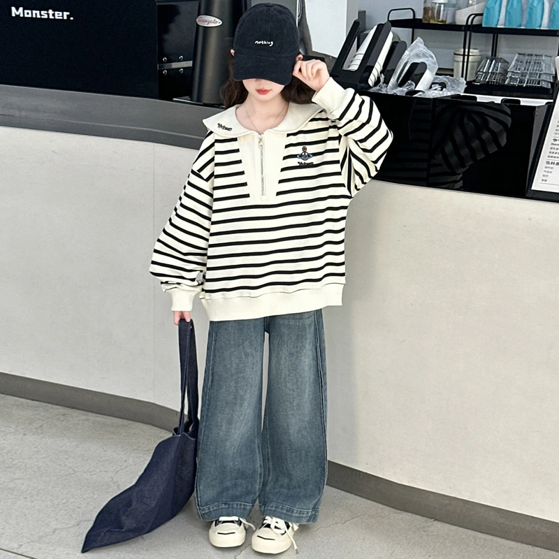 女童秋装休闲套装2025新款韩版洋气儿童女孩春秋卫衣牛仔裤两件套