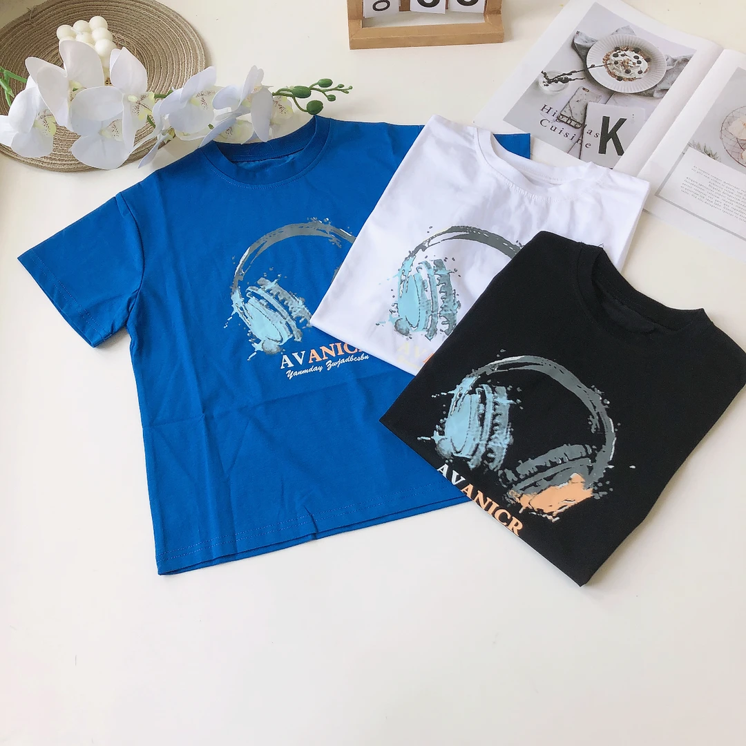 F046儿童夏季短袖T恤耳机A字母