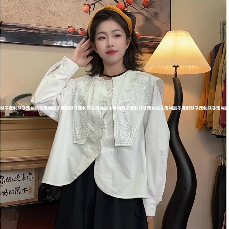 慧子“栀子白”自制小众不规则设计感披肩圆领白色衬衣长袖衬衫