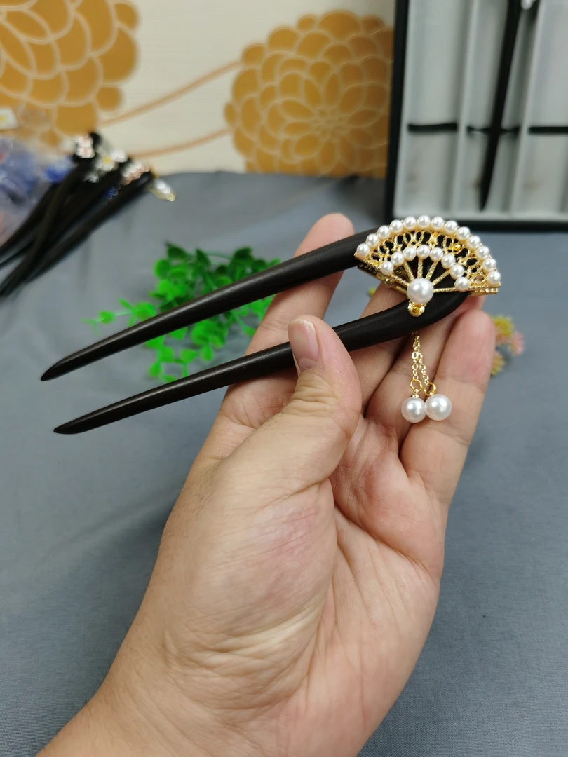 15厘米双面扇子黑檀木发钗发簪古风盘发簪簪子新中式头饰发饰配饰