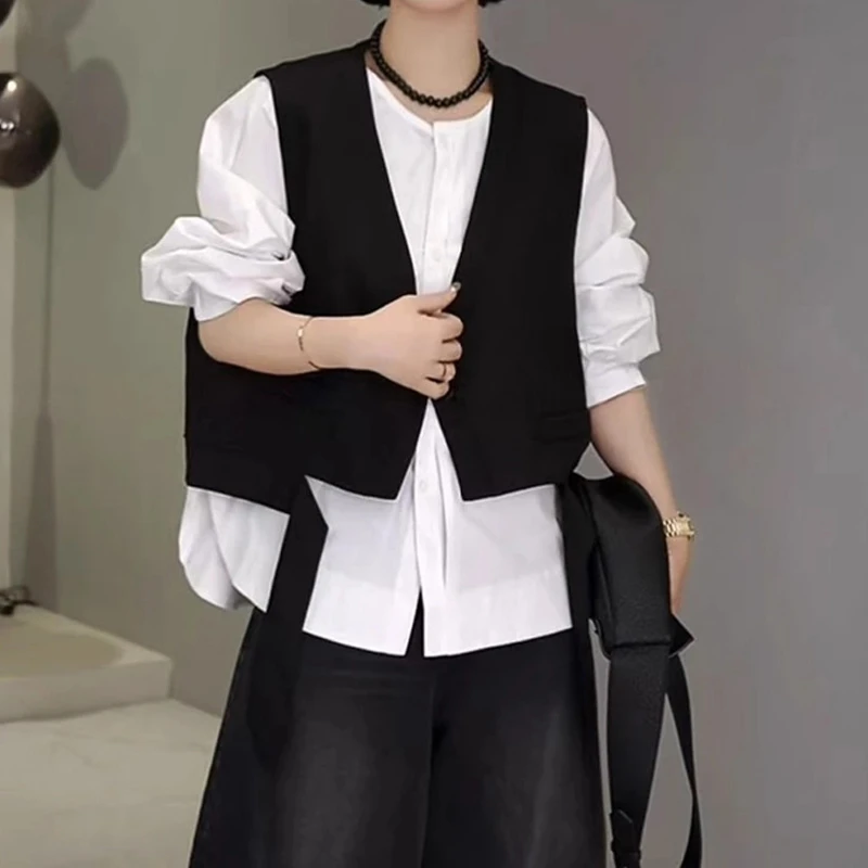 时尚洋气短款马夹上衣秋季新款胖MM大码女装不规则叠穿西装马甲女