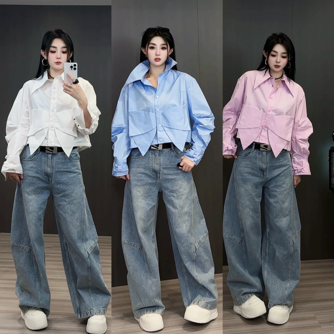 2025春新款长袖短款小众纯色蝴蝶结褶皱设计感上衣女衬衫衬衣