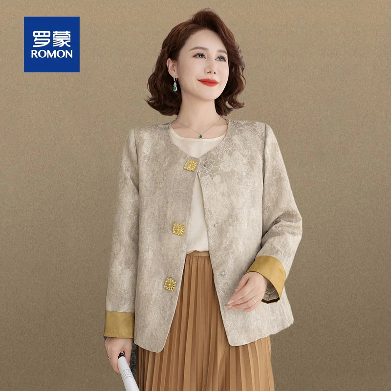 罗蒙新中式妈妈春装洋气外套新款中老年气质国风提花开衫短上衣女