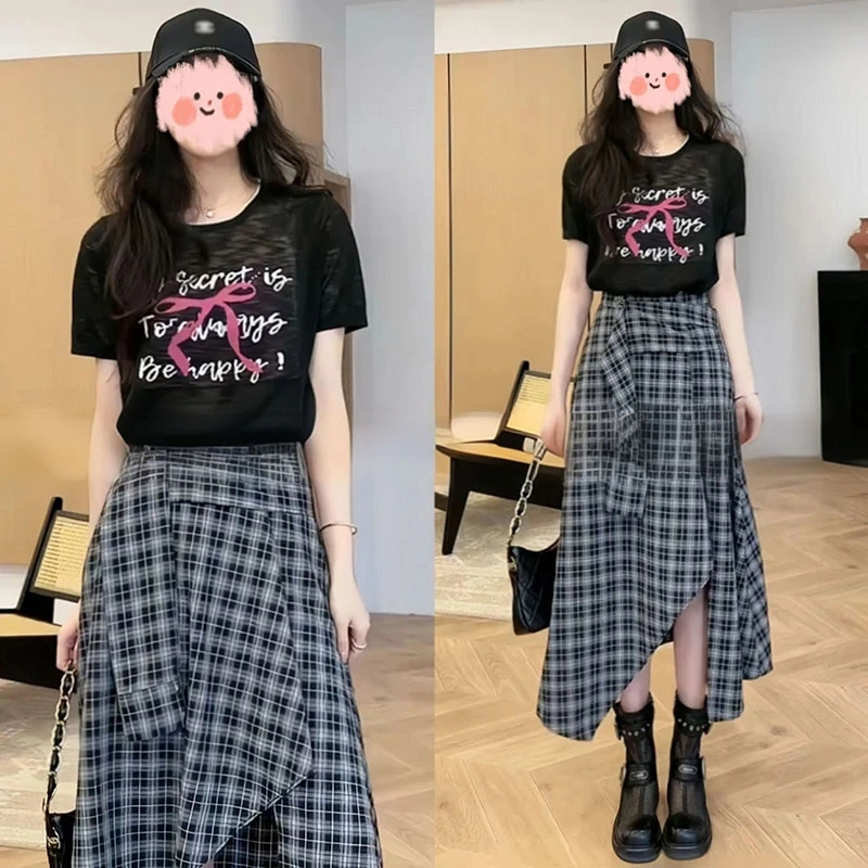 韩系简约字母印花短袖T恤两件套女2025夏季高腰不规则半身裙套装