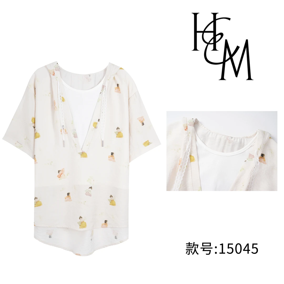 HUIERMAN/慧尔曼80%天丝假两件小唐人拼接印花连帽衬衫【15045】