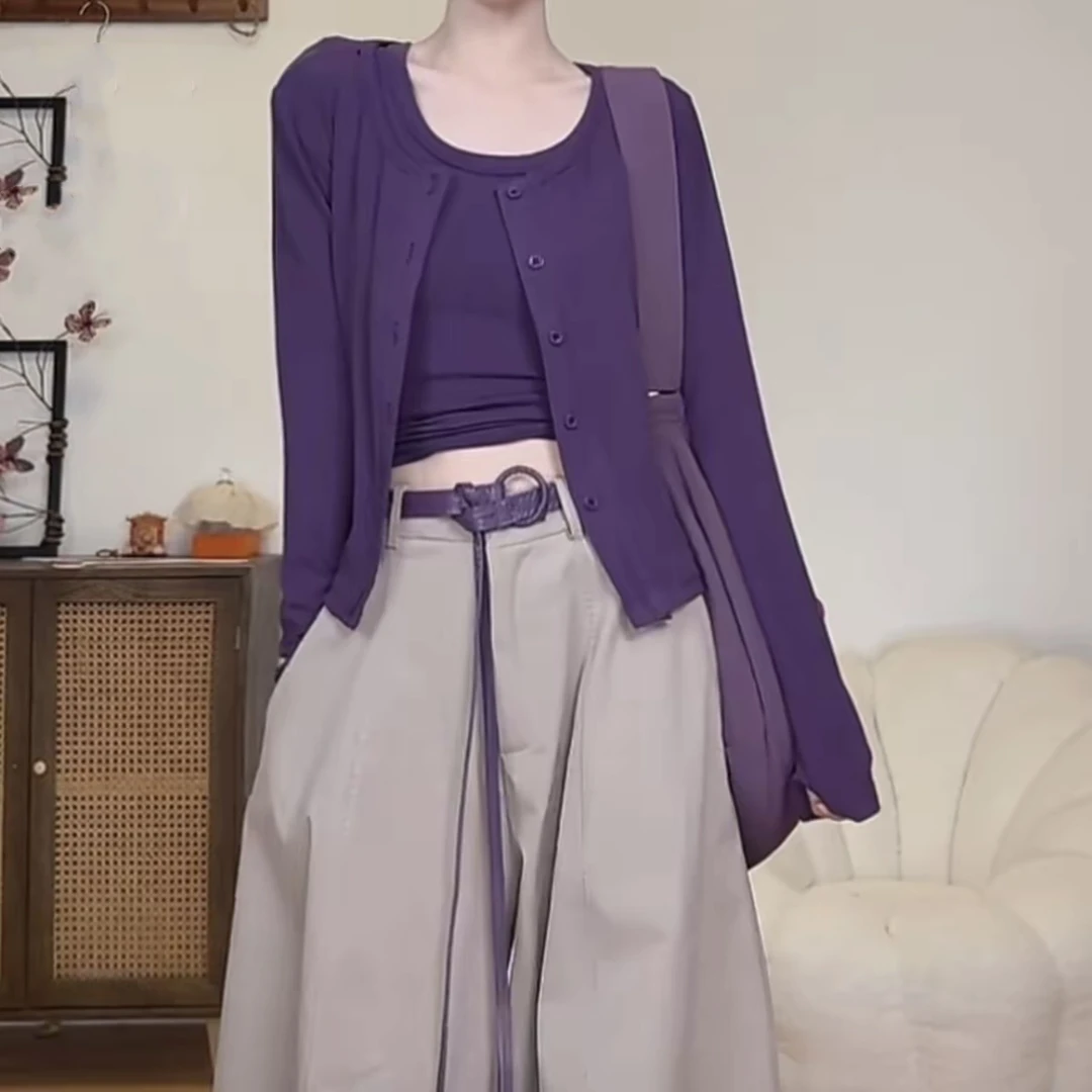春夏纯欲慵懒开衫长袖短外套高弹2025早秋新款两件套【开衫+背心】