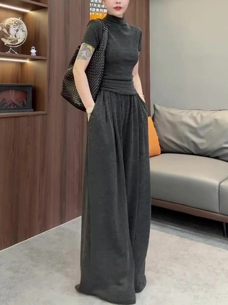 欧货极简风时髦洋气百搭超好看灰色高领针织短袖垂感阔腿显瘦长裤