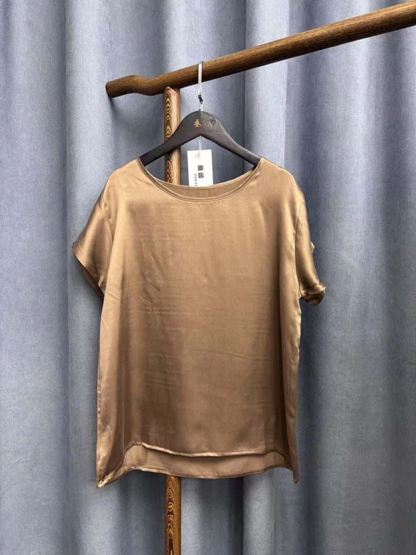 2025夏季新款休闲宽松百搭圆领桑蚕丝素绉缎砂洗上衣短袖女H1126