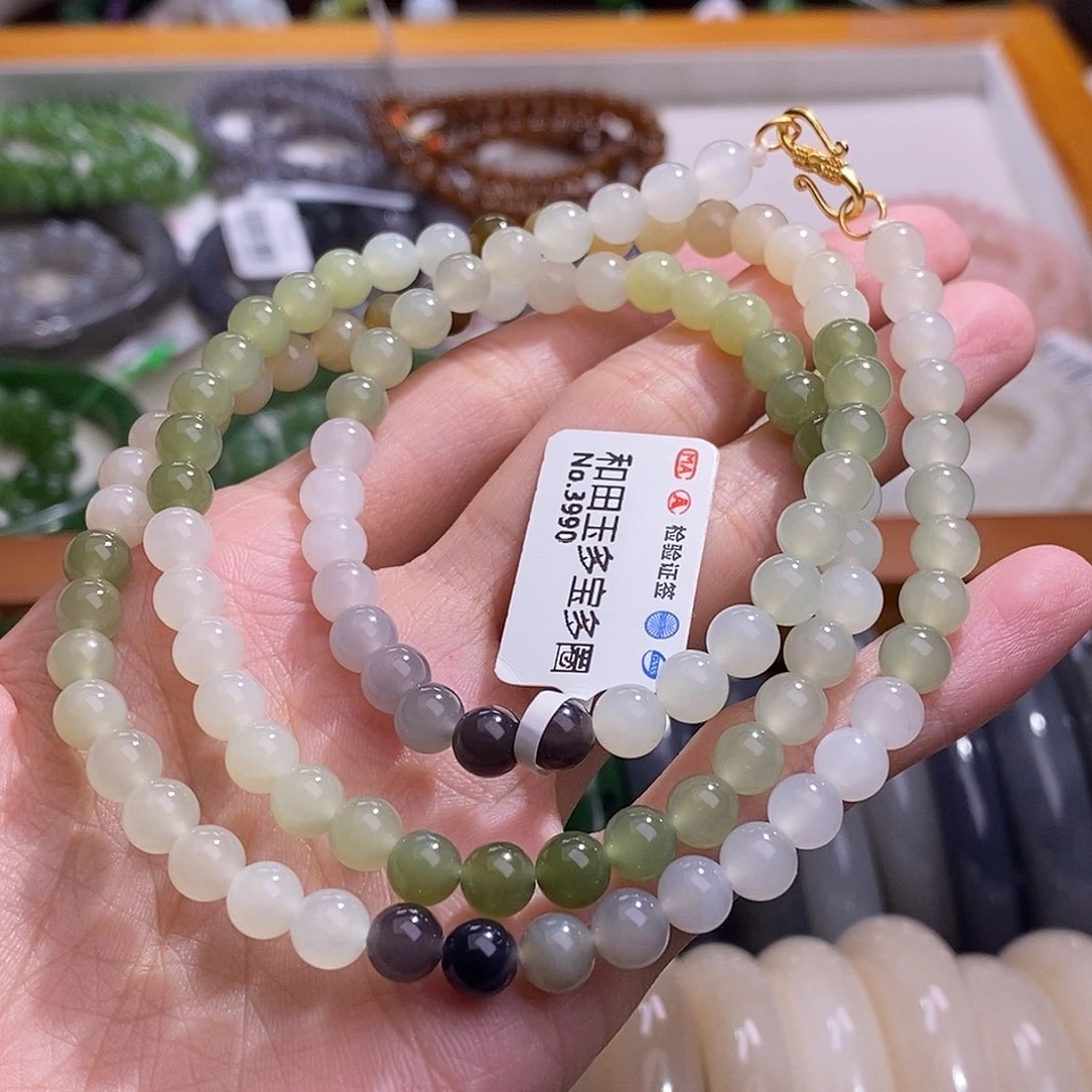 颈饰未镶嵌和田玉多宝银镶项链6MM