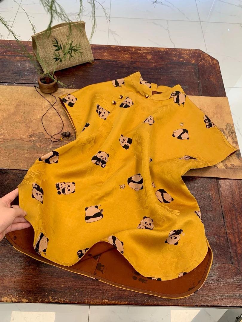 【趣味熊猫】桑蚕丝花萝香云纱印花斜襟衬衫