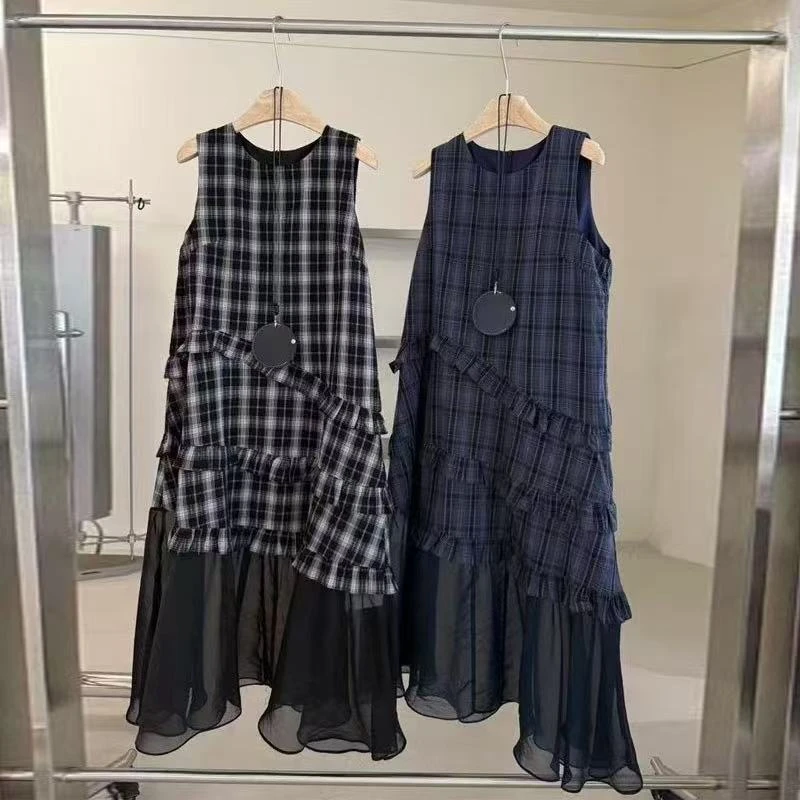背心裙连衣裙拼接格纹时尚格子女装百搭宽松夏季无袖