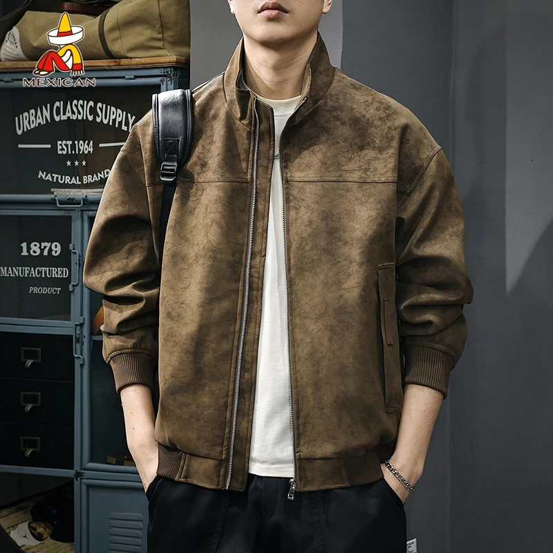 Mexican/稻草人美拉德复古pu皮衣男款春季宽松休闲高级感夹克外套